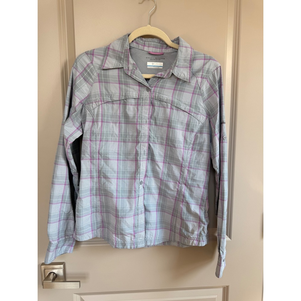 Columbia Omni-Shade Womens Grey Purple Plaid Roll Tab Hiking Shirt Medium